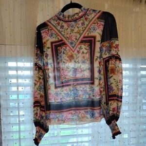 Jealous Tomato Woman's High Neck Floral Print Long Sleeve Blouse, Size: S